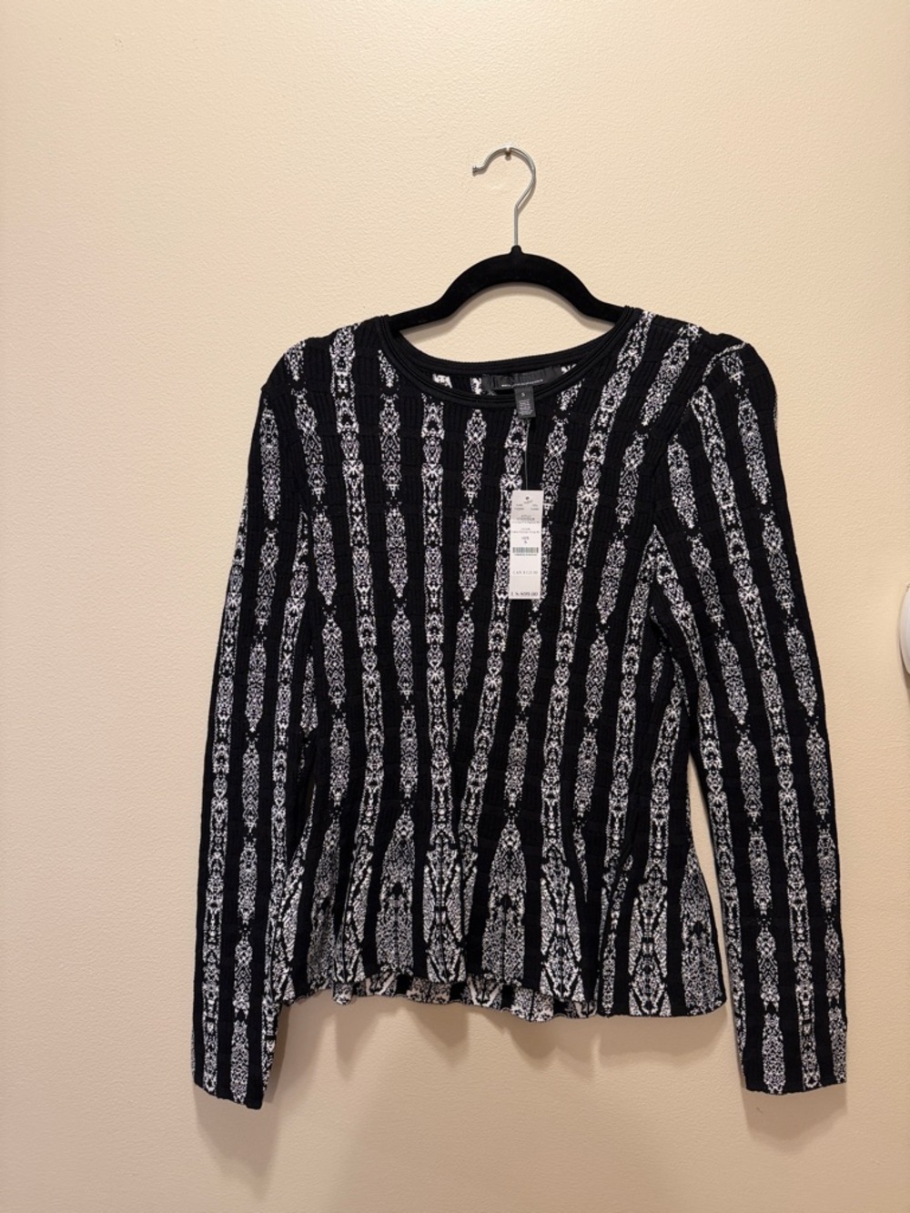 White House Black Market Black and White Striped Pattern Long Sleeve Top
